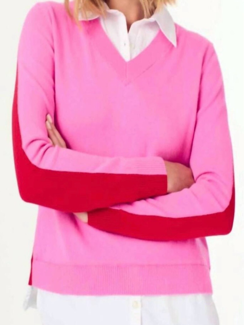 NWT J. Society Pink V-Neck Women's Sweater with Red Sleeve Accents Size XS